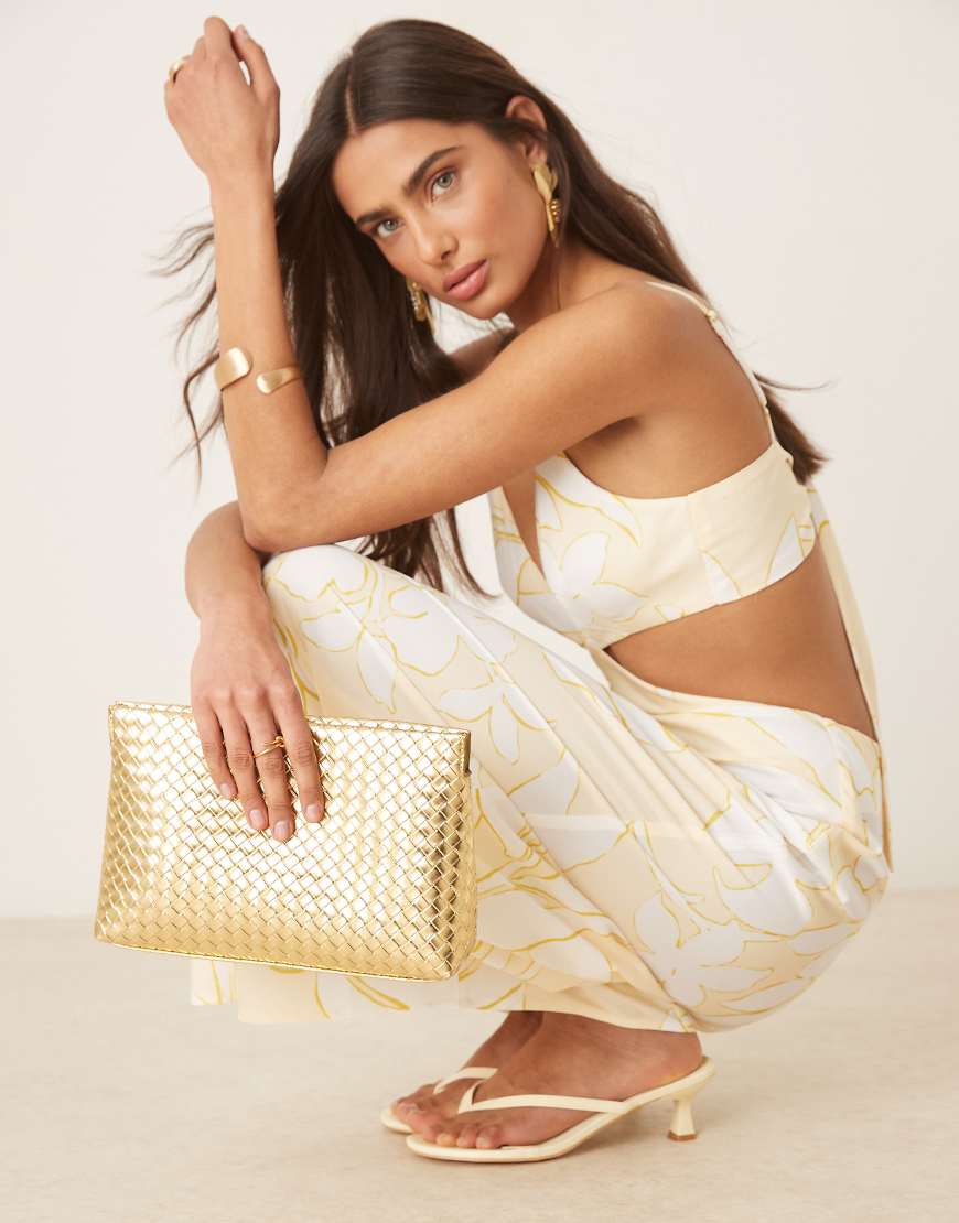 ASOS DESIGN weave zip top clutch bag in gold