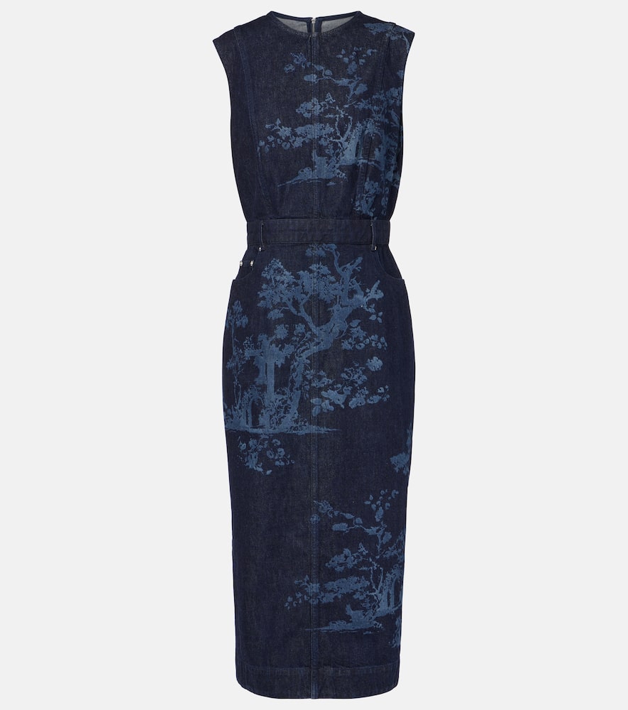 Embroidered cotton denim pencil dress
