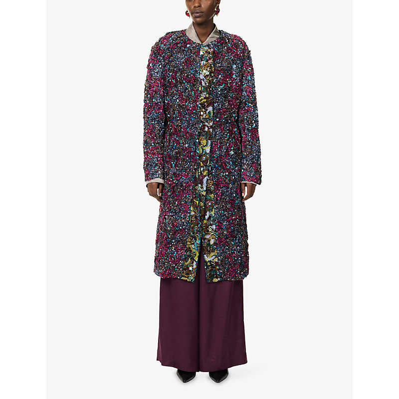Womens Bead-Embellished Ruffle Woven Coat