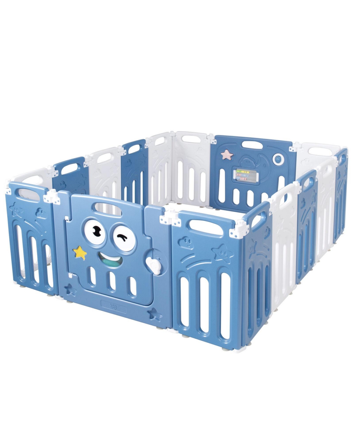 16-Panel Foldable Baby Playpen Kids Activity Centre w/ Lock Door & Rubber Mats - Blue
