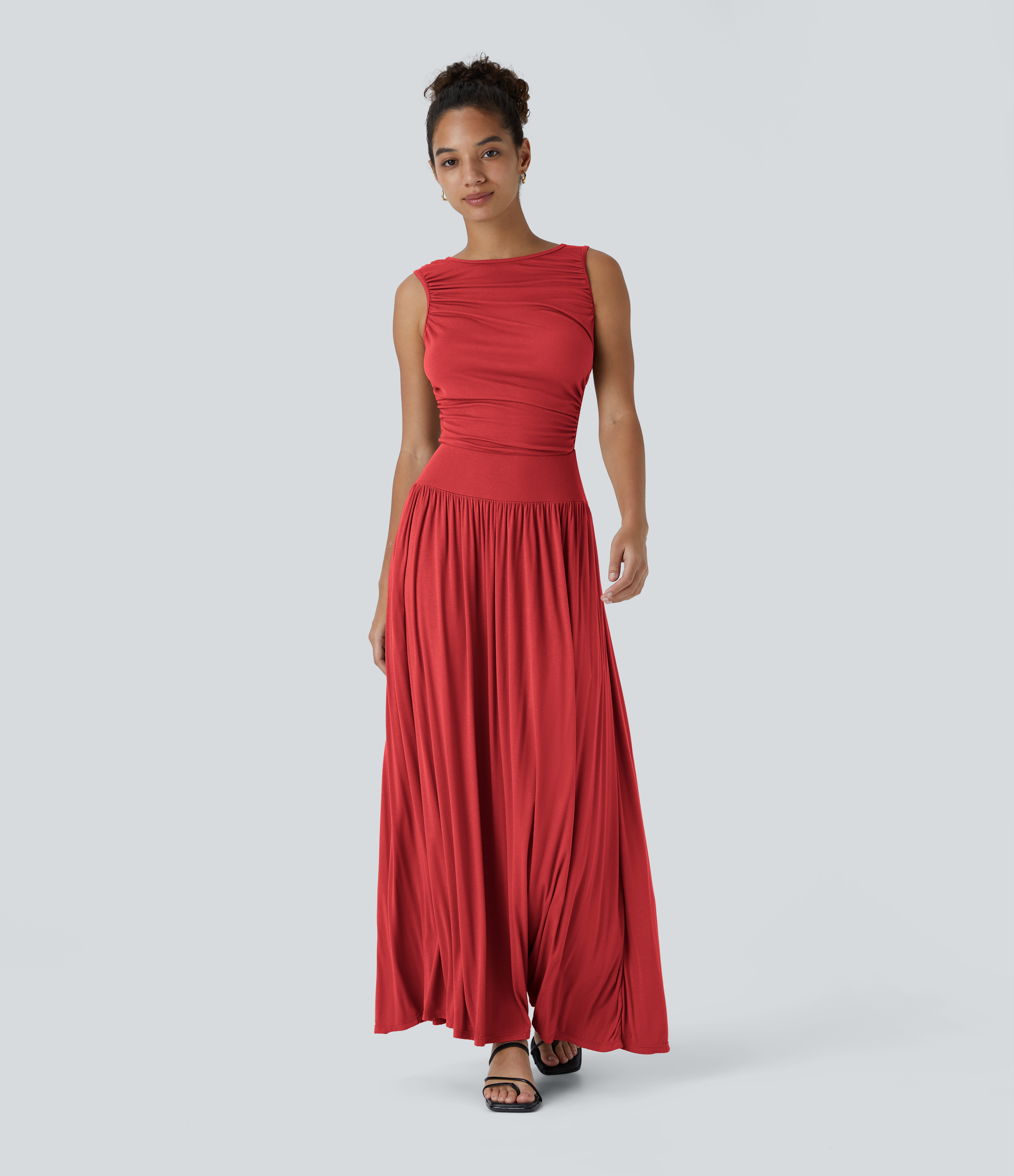 Ribbed Boat Neck Asymmetric Strap Ruched Pocket Flowy Maxi Casual Dress Casual Dress - Rubicondo