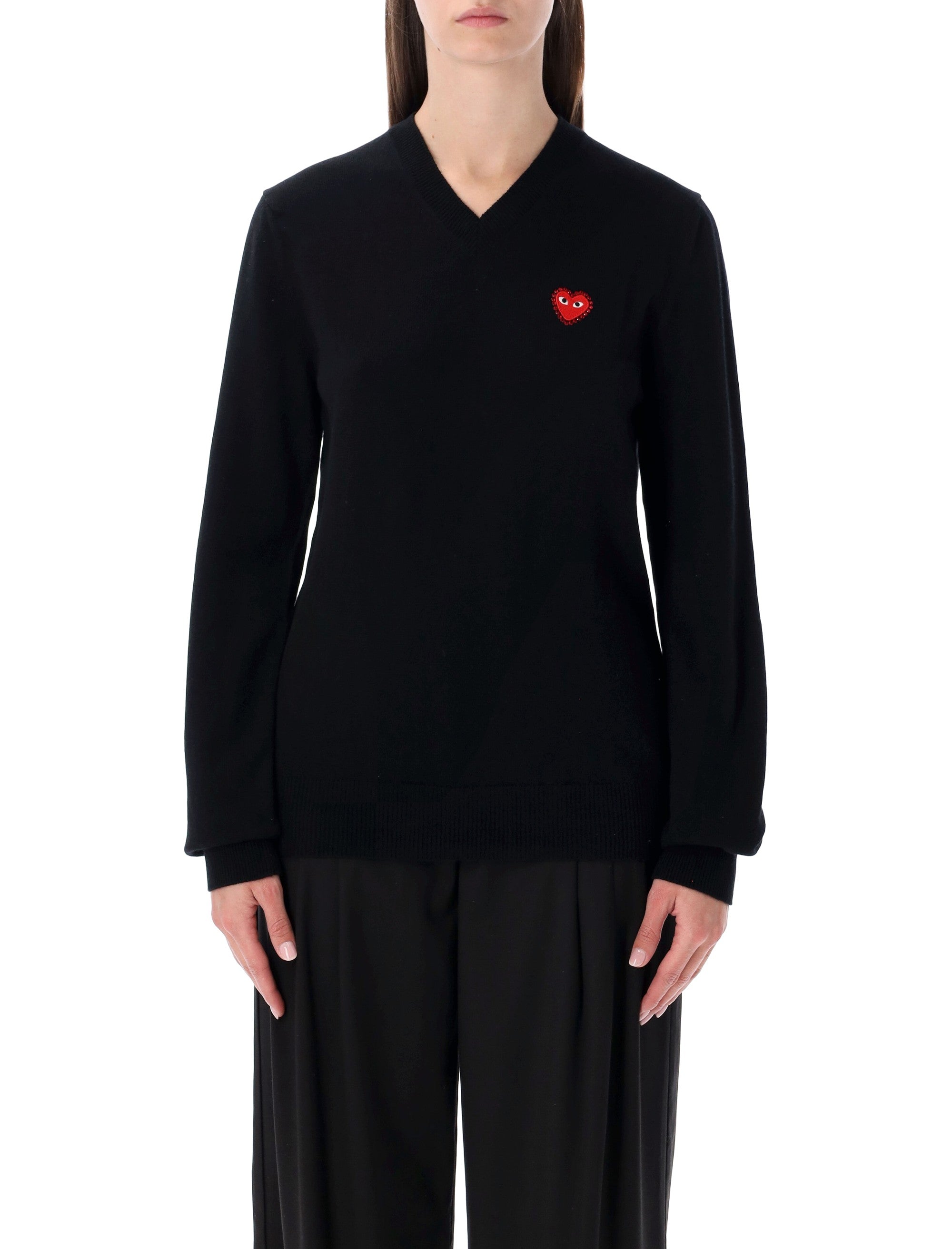 Wool V-neck Sweater with Red Heart and Crystals