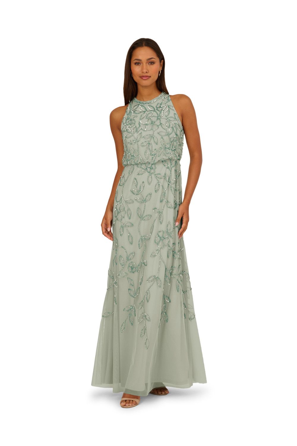 Adrianna Papell Women's Blouson Bead Long Dress in Mint