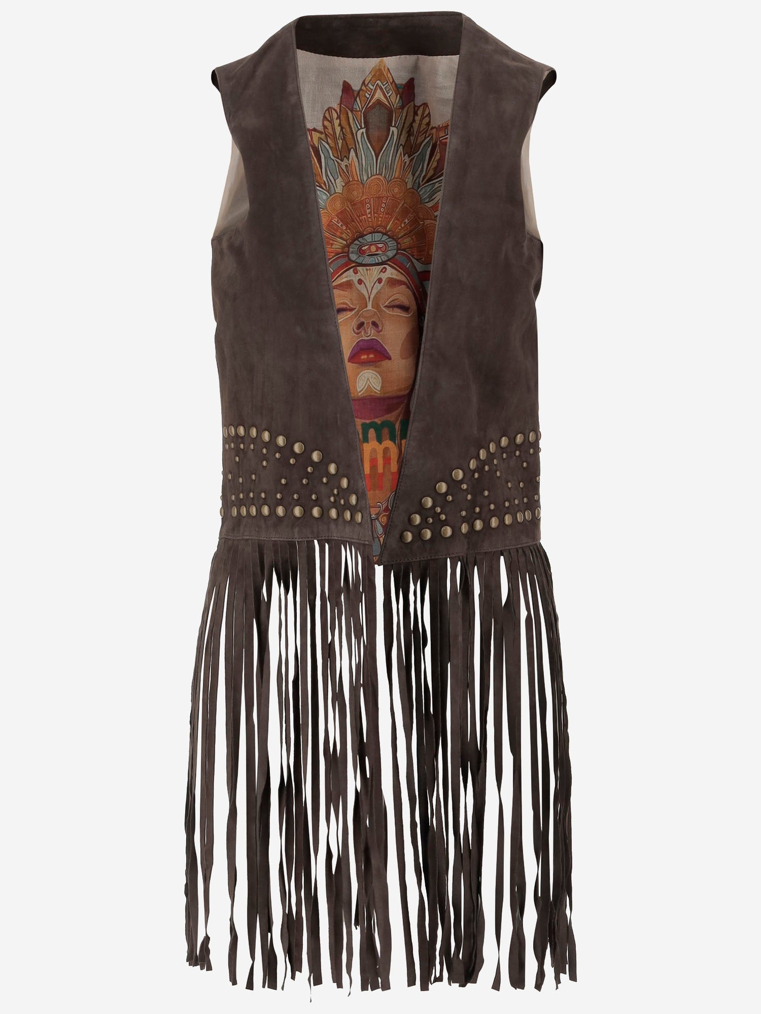 Studded Suede Fringe Vest — Brown