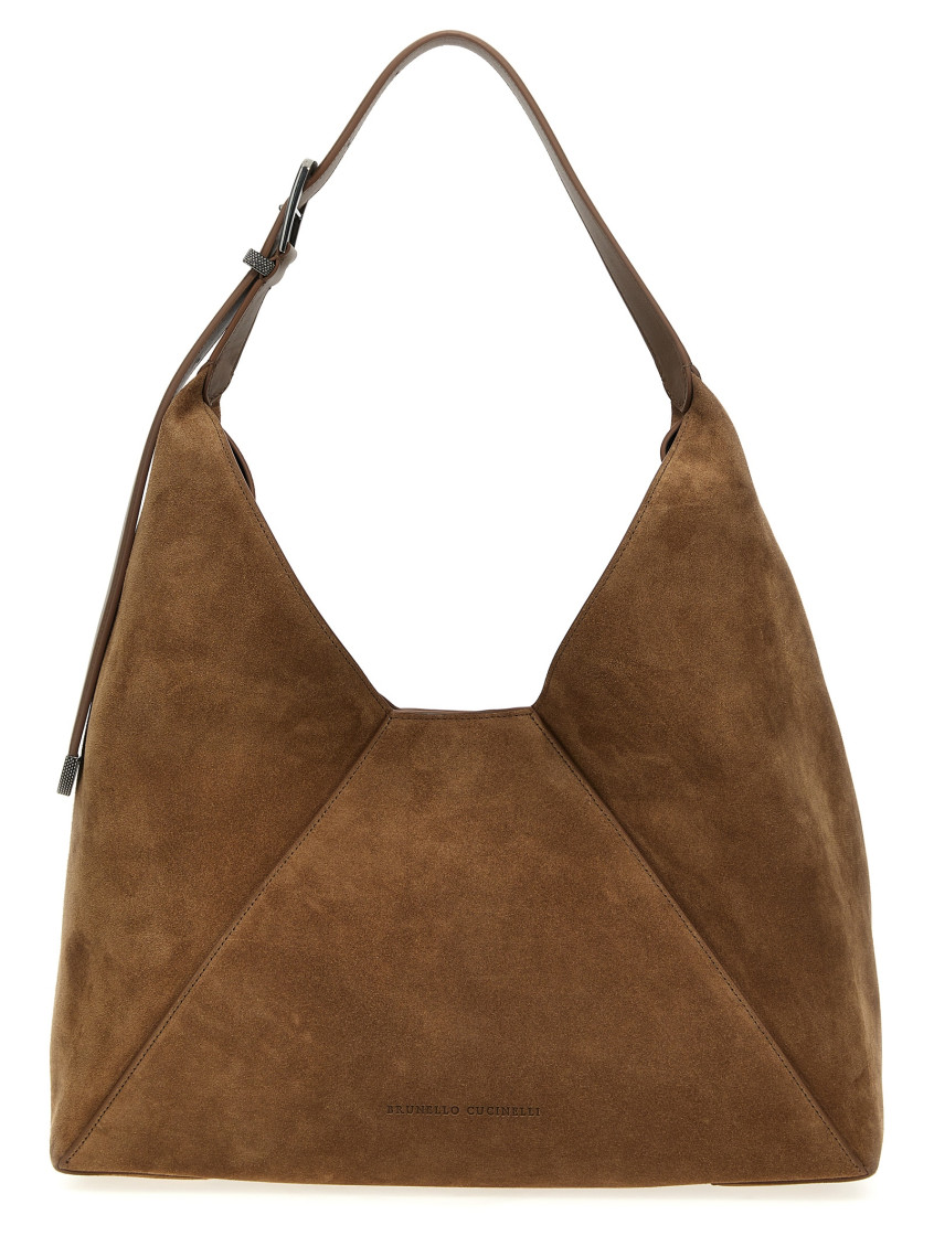 Suede shoulder bag with engraved logo