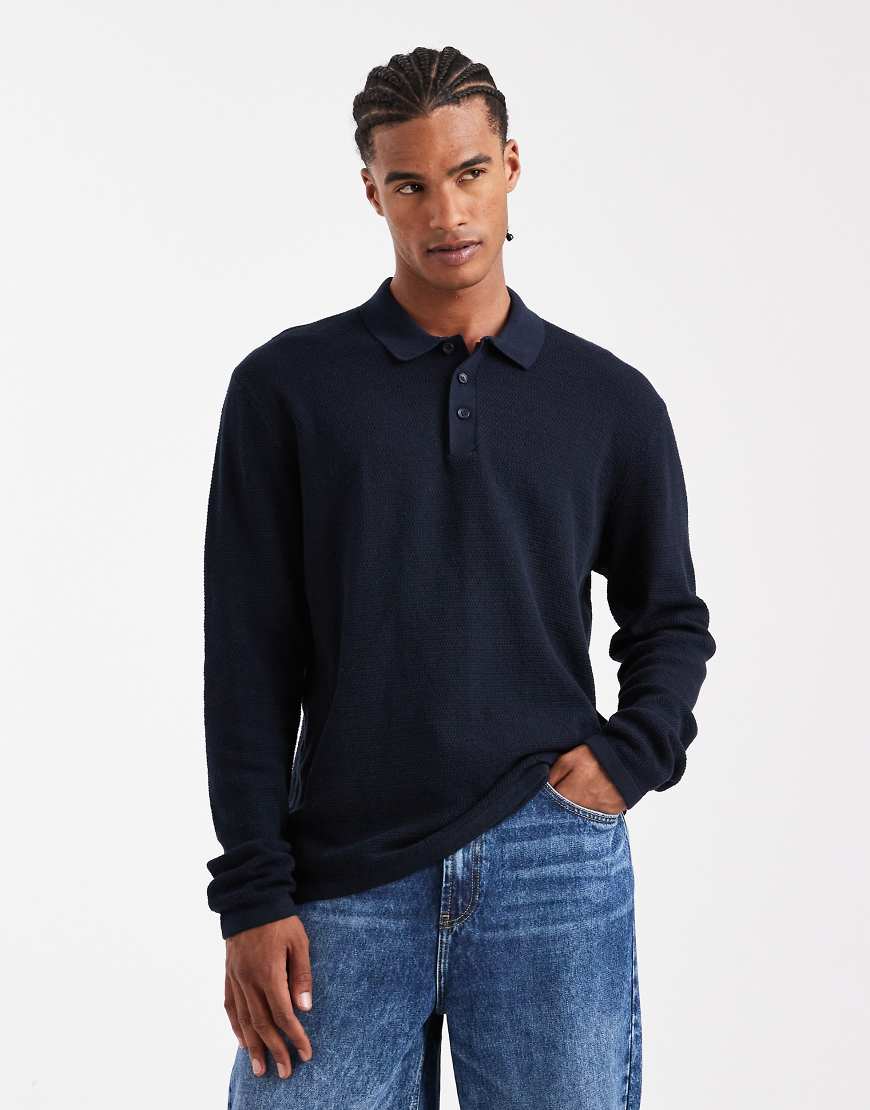 Knitted long sleeve polo in navy