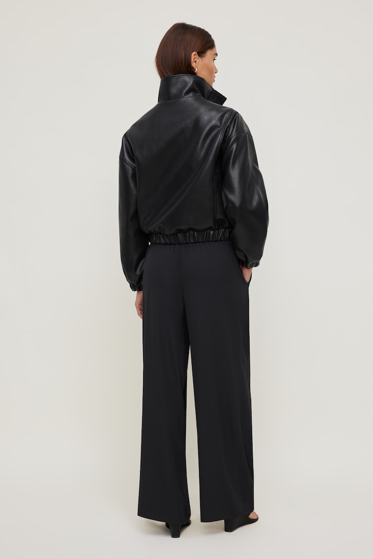 Oversized Faux Leather Bomber Jacket - Black - Women Clothing