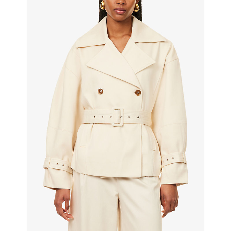 Womens Stone Double-Breasted Removable-Belt Cotton-Blend Trench Jacket