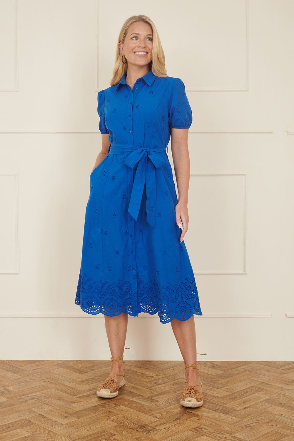 Yumi Women's Blue Cotton Shirt Midi Dress With Cut Out Detai