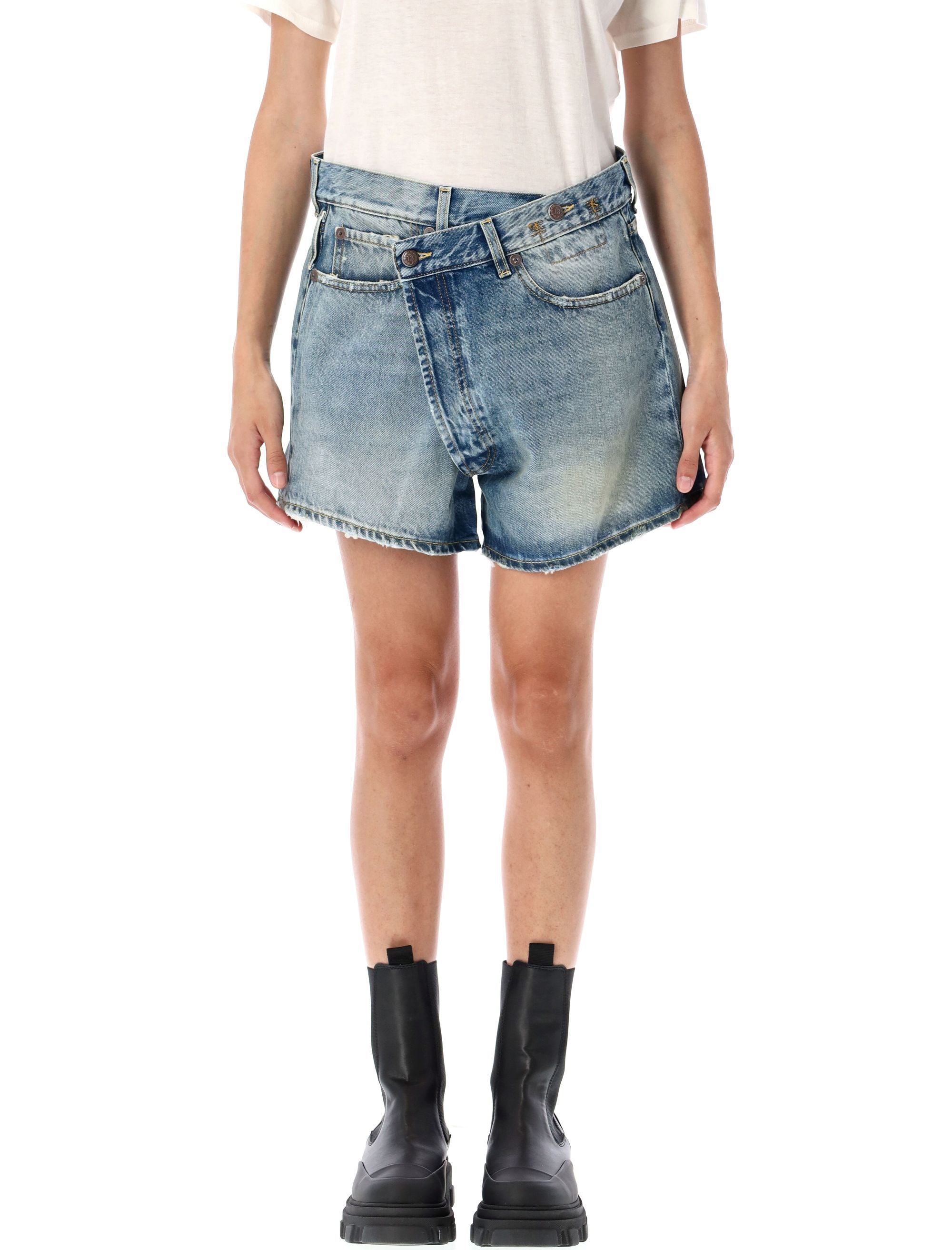 Distressed Mini Denim Shorts with Asymmetric Waistband
