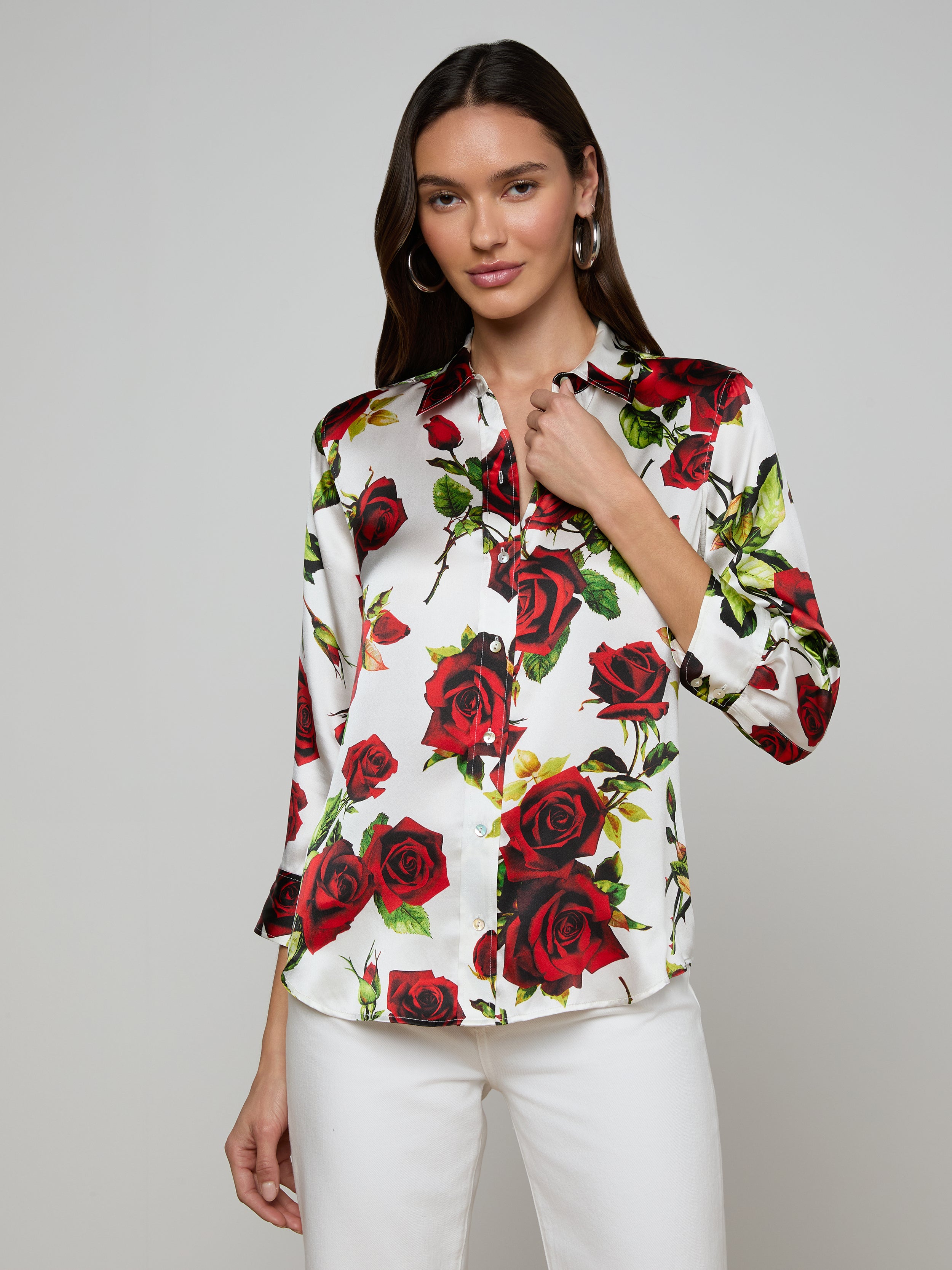 Dani Silk Blouse Top In White/red Romantic Rose