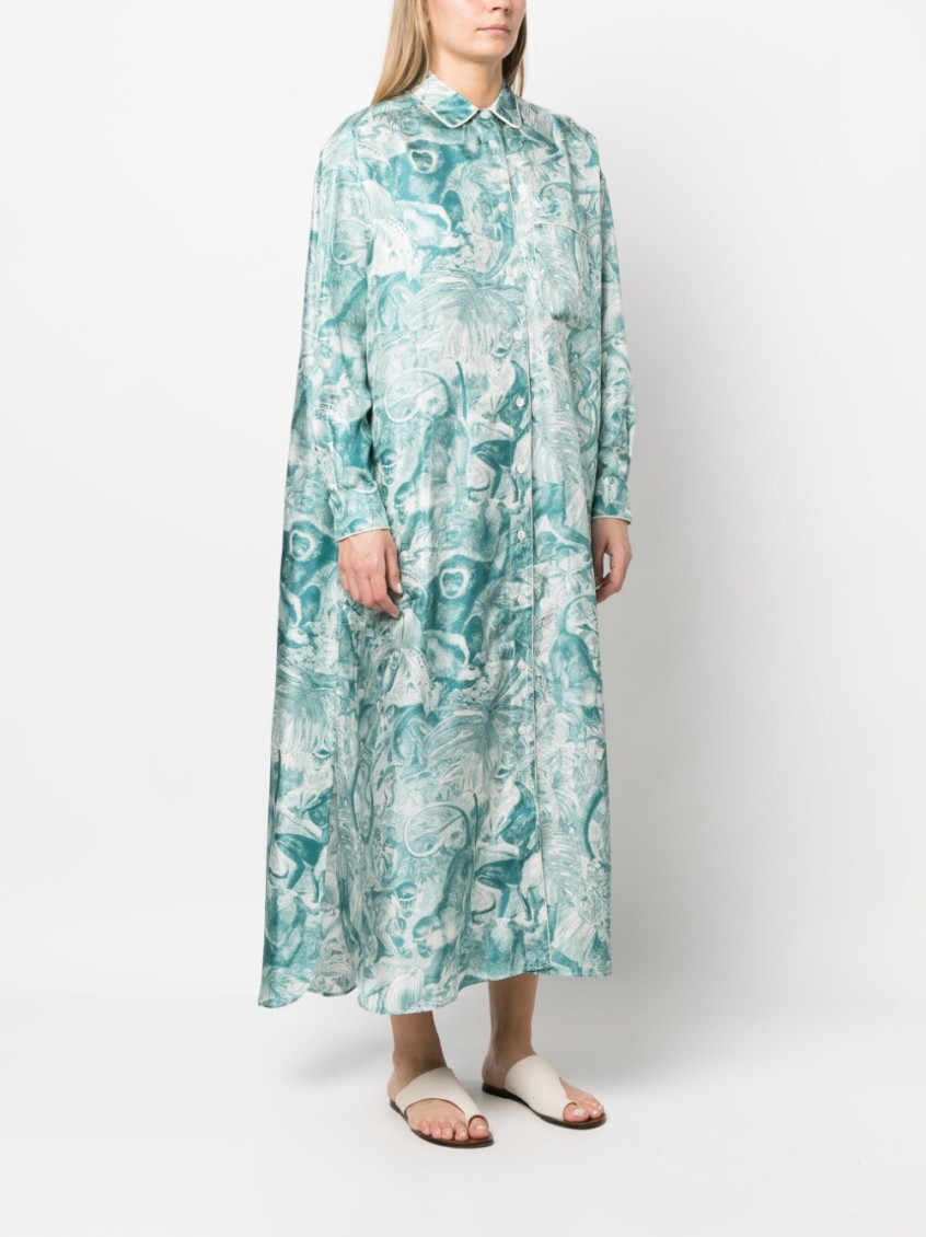 Long Shirt Dress With Monkey Print In Light Blue