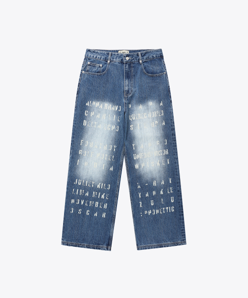 Phonetic Code Printed Wide Denim Pants