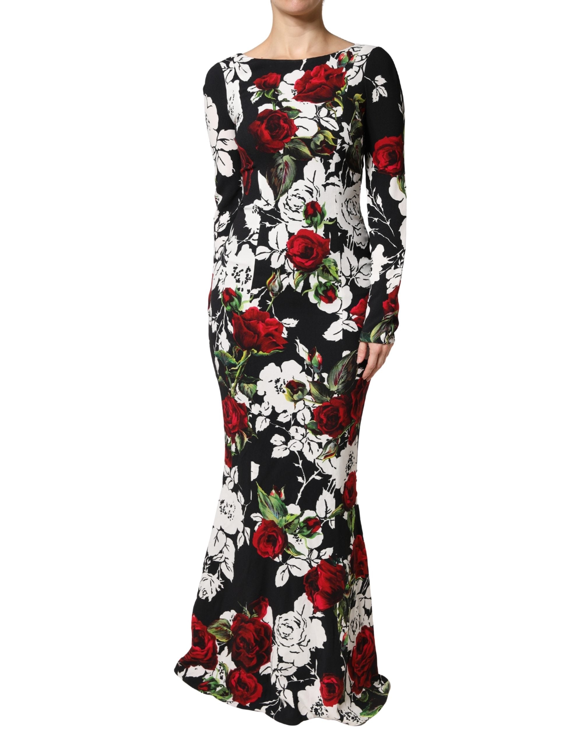 Floral Viscose Bodycon Gown — Black