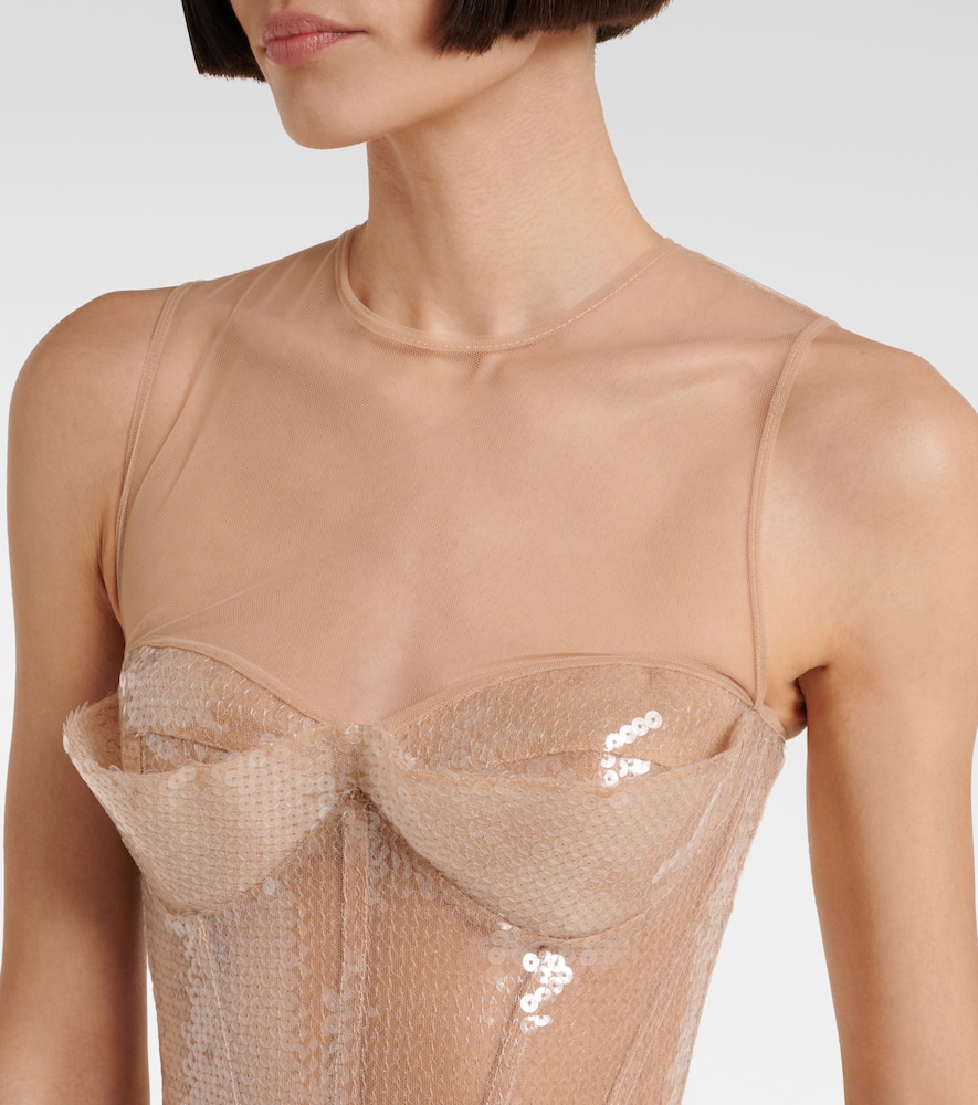 Sequined cady and mesh corset gown
