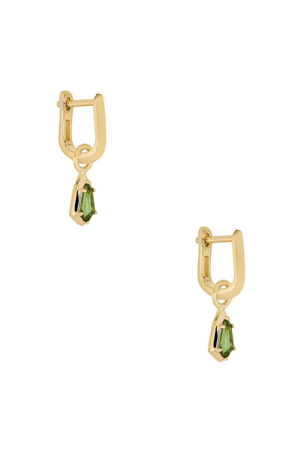 STONE AND STRAND Knife Edge Shield Drop Hoop Earrings in 14k Yellow Gold & Green Tourmaline - Metallic Gold. a
