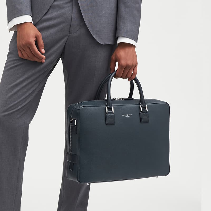 Mount Street Leather Laptop Briefcase Bag in Navy Saffiano