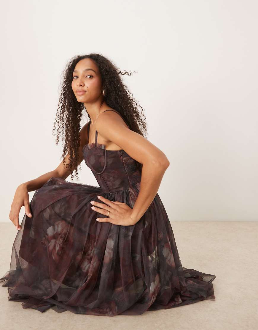 Corset tulle midaxi dress in blurred plum