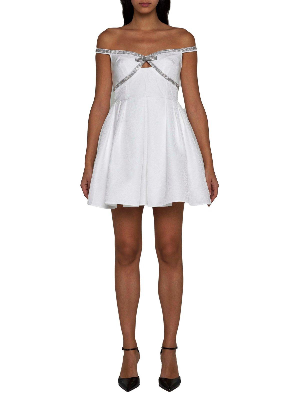 Diamanté-trim off-shoulder minidress - White