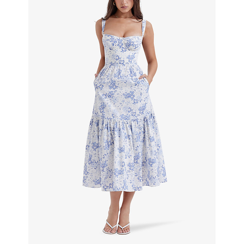 Womens Blue Print Elia Floral-print Stretch-cotton Midi Dress