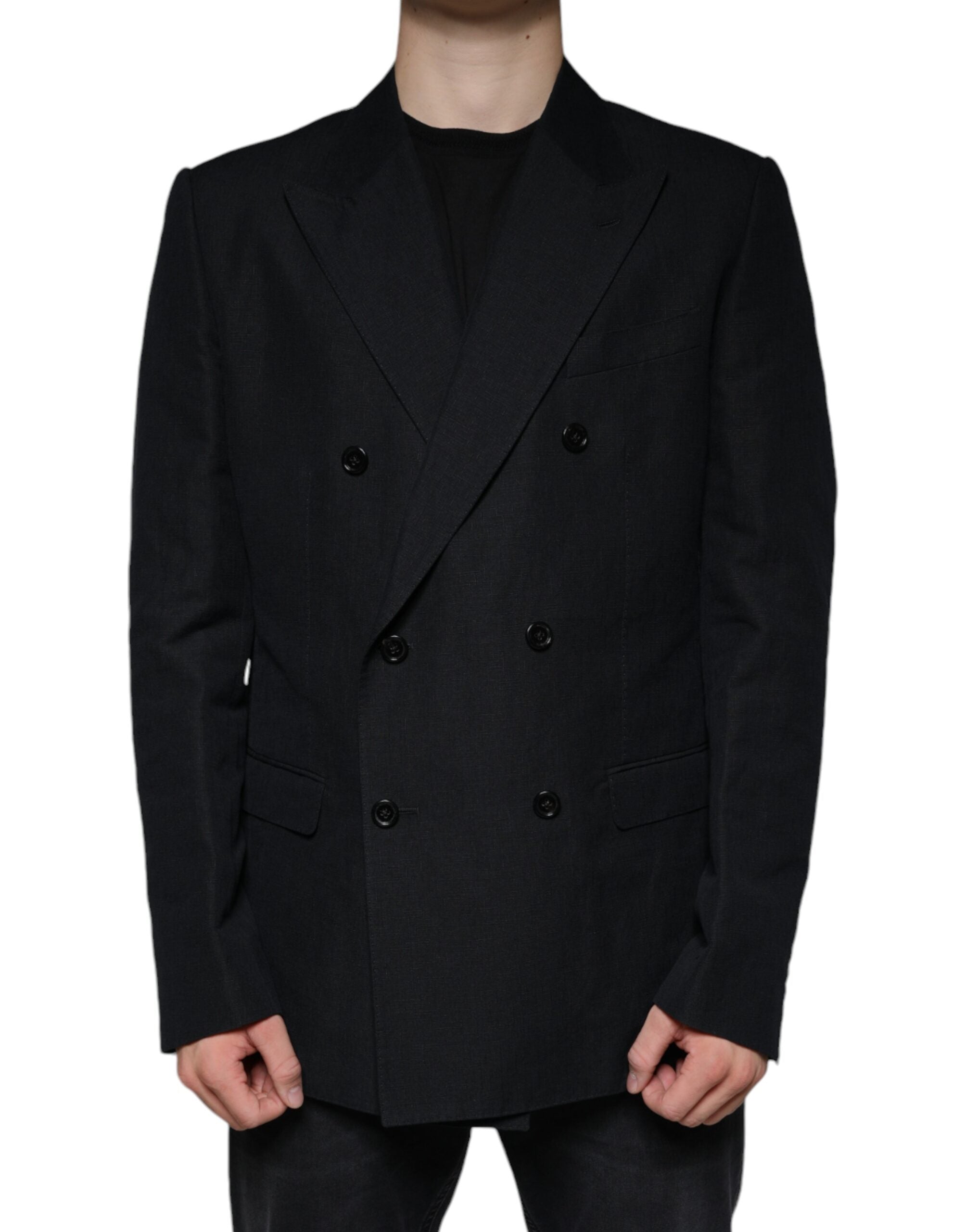 Linen-Cotton Double-Breasted Blazer — Black