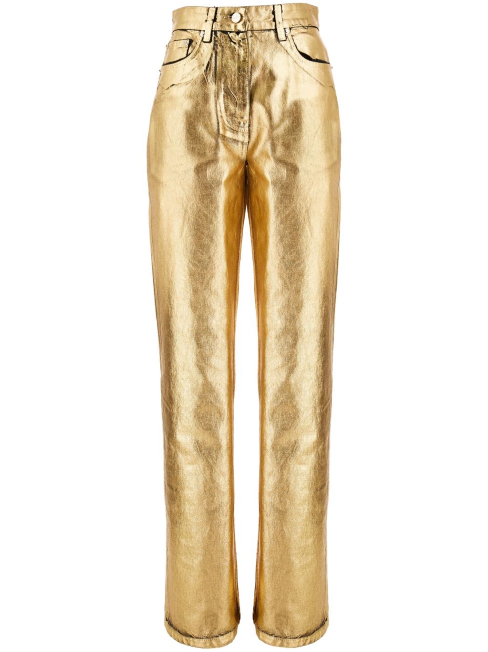 Logo-patch metallic-finish high-waist trousers - Gold