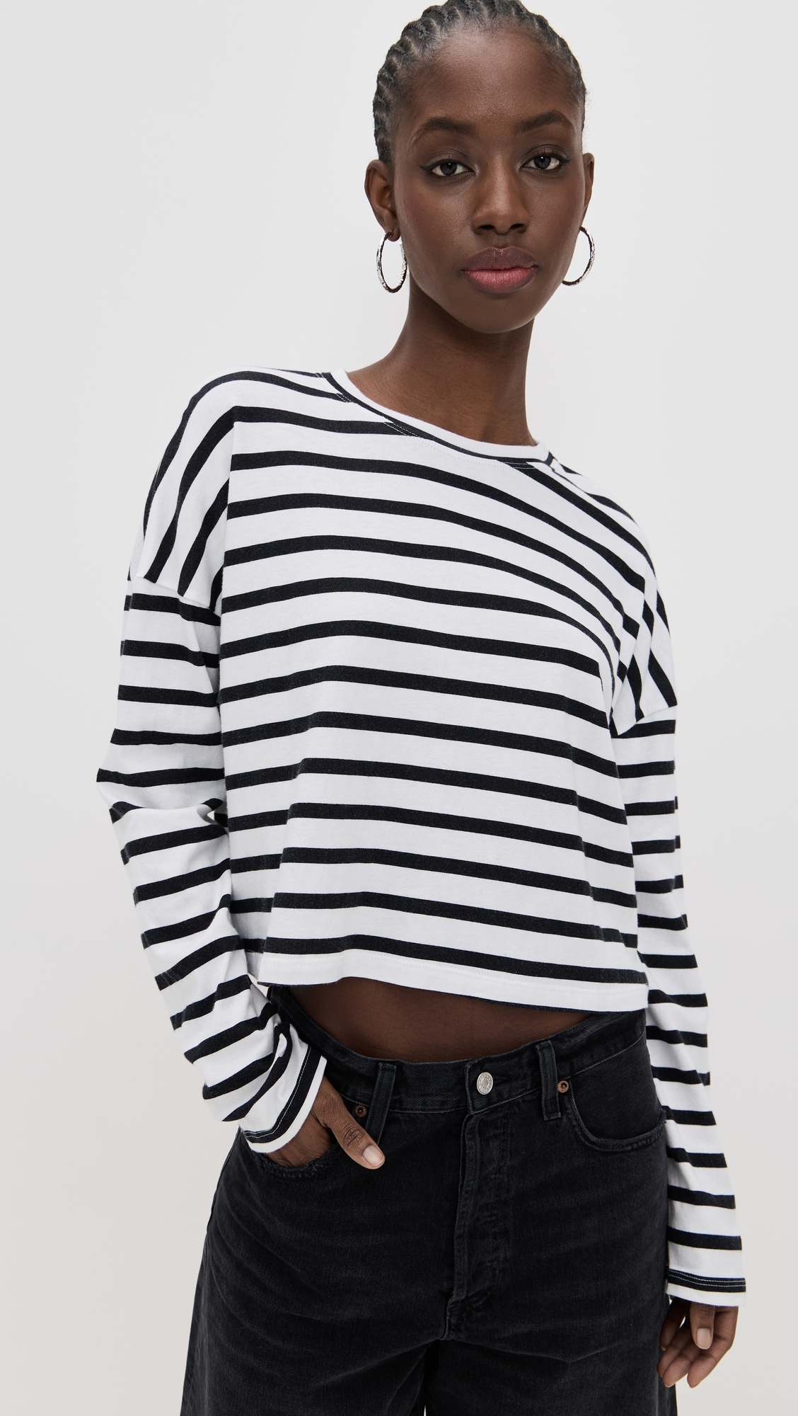 ASKK NY Cropped Long Sleeve Tee Stripe White Thin Stripe 