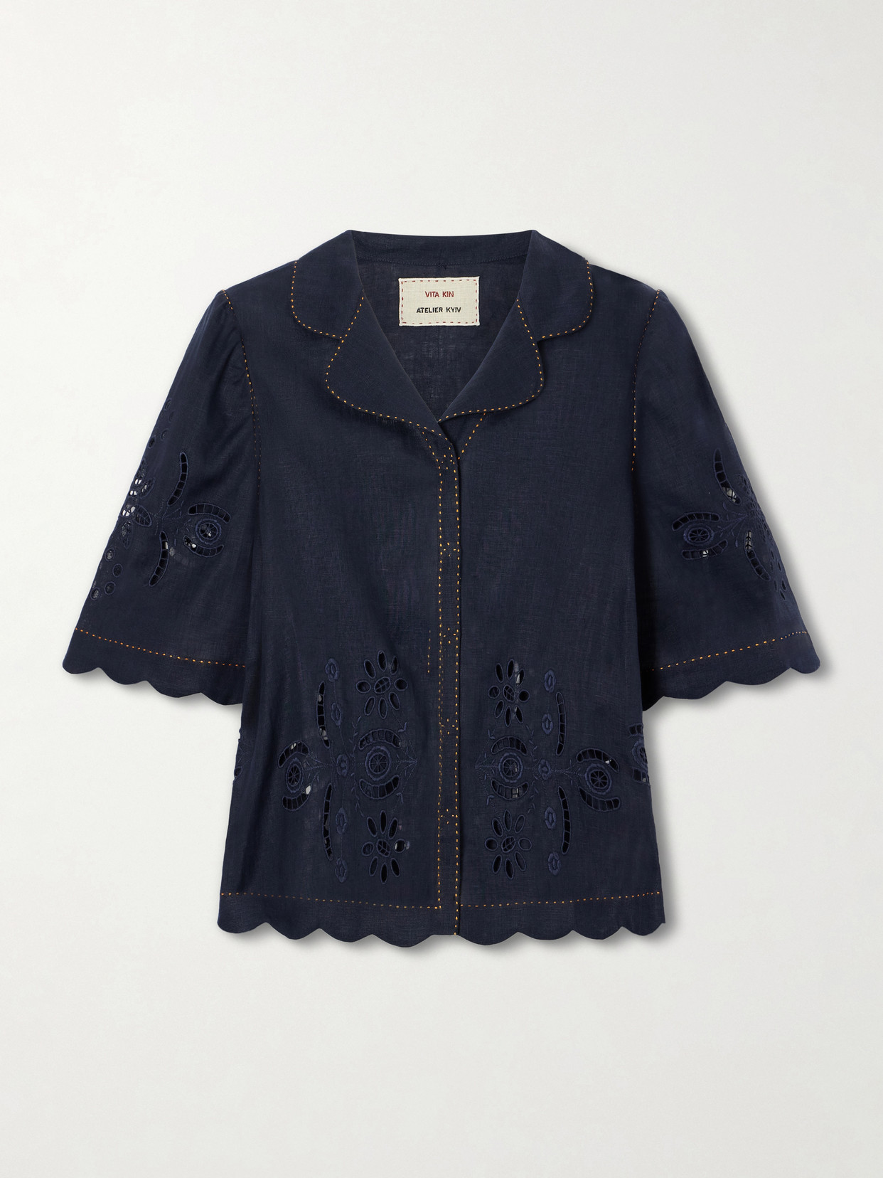 Broderie Anglaise-trimmed Linen Shirt - Blue