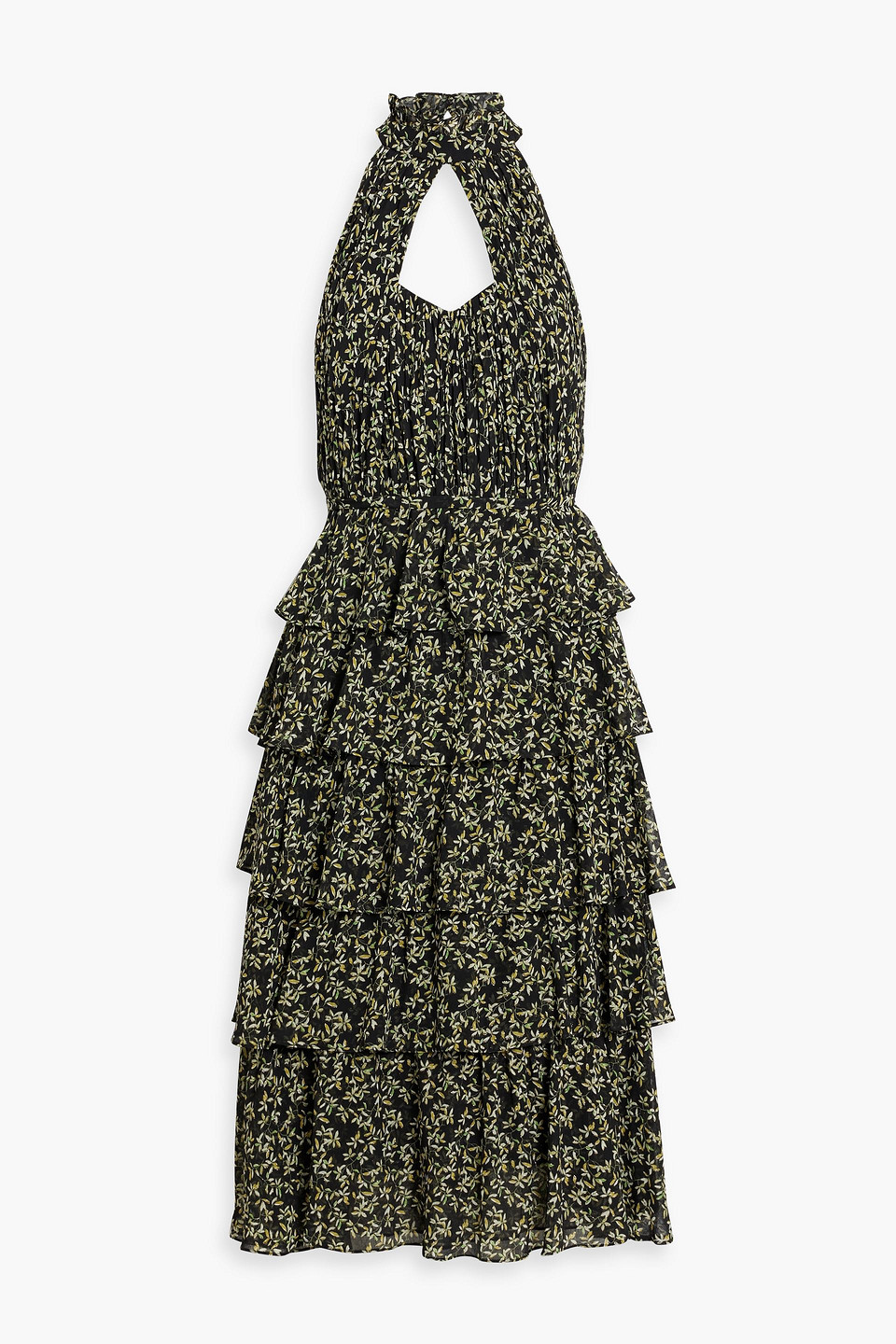 Cutout tiered printed crepe de chine midi dress - Black - US 14