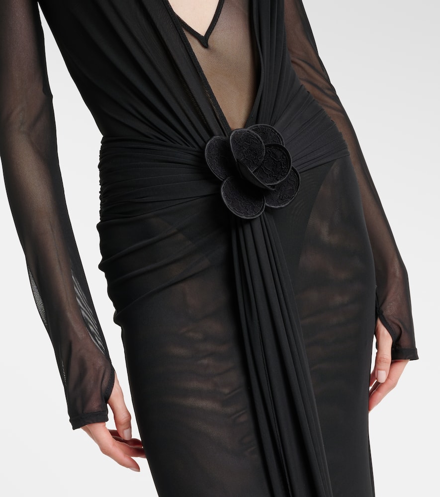 Floral-appliqué mesh gown