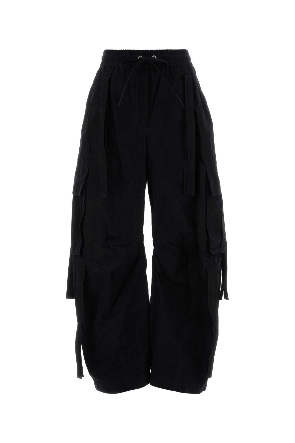 Drawstring Waist Cotton-Blend Cargo Pants — Black