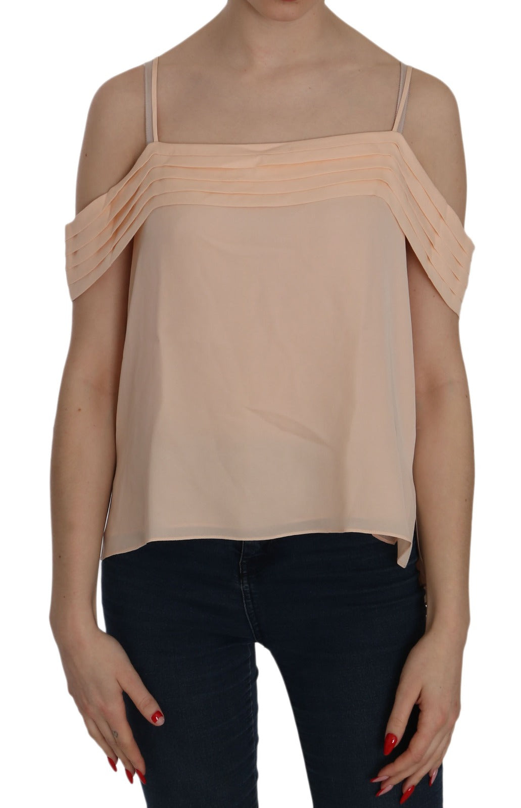 Off-Shoulder Pleated Silk Blouse — Peach
