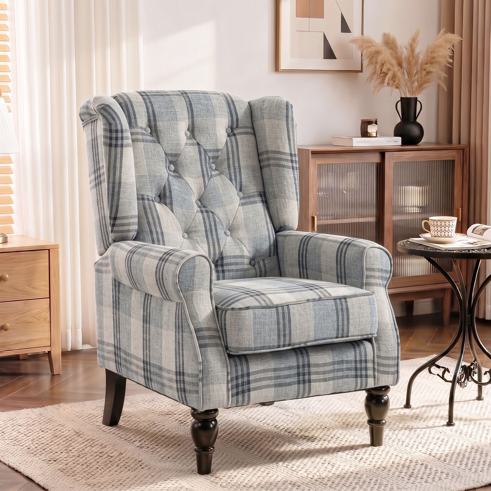 Homcom Accent Chair Wingback Armchair Retro Tufted Club Wood Fabric, Mixed
