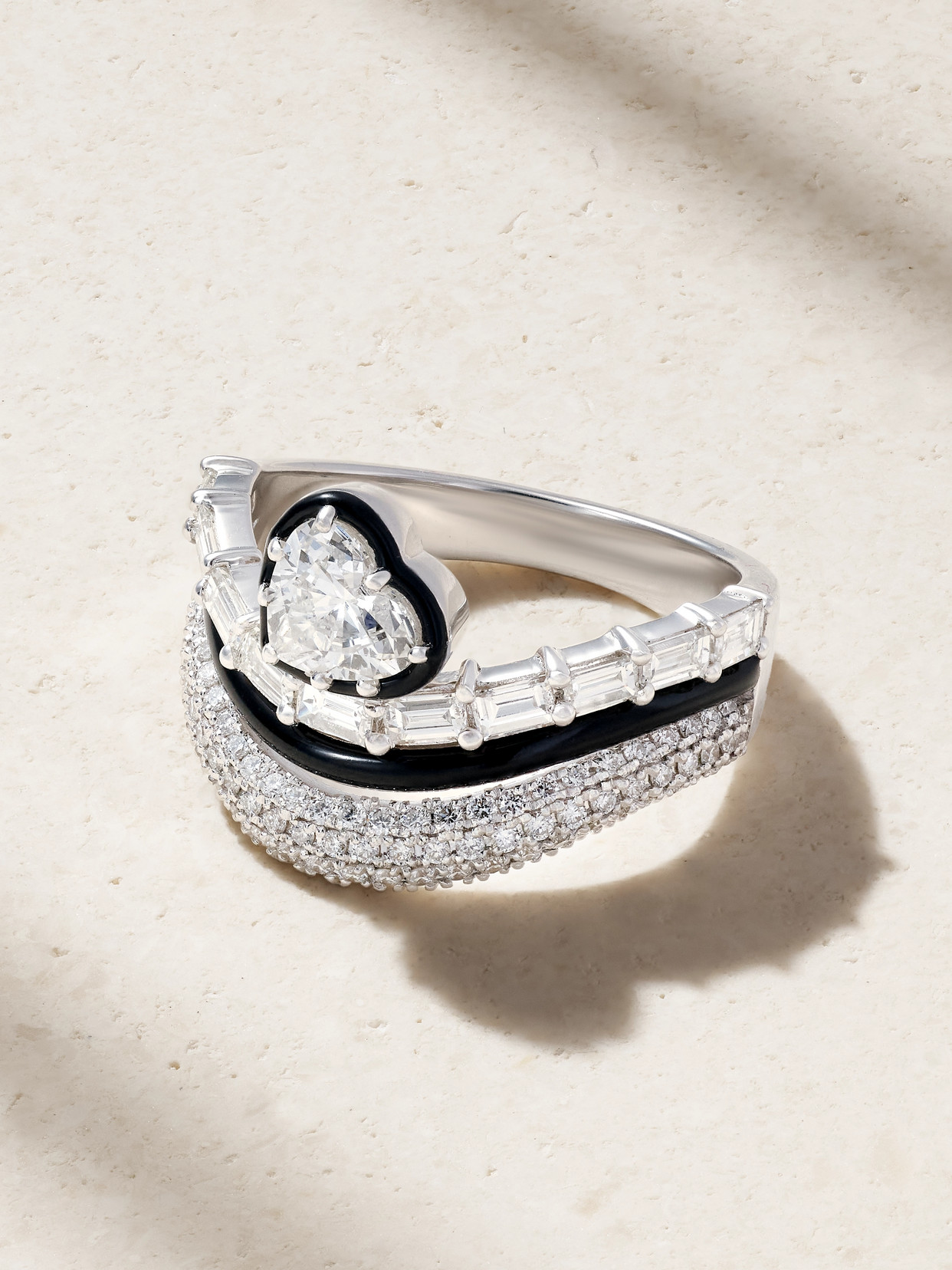 Heart 18-karat White Gold, Diamond And Enamel Ring - Silver