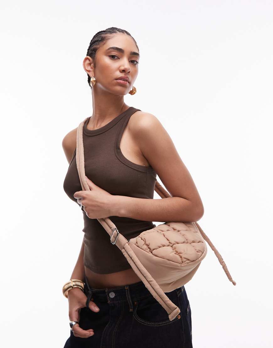 Topshop Callie scoop quilted nylon cross body bag in camel-Neutral