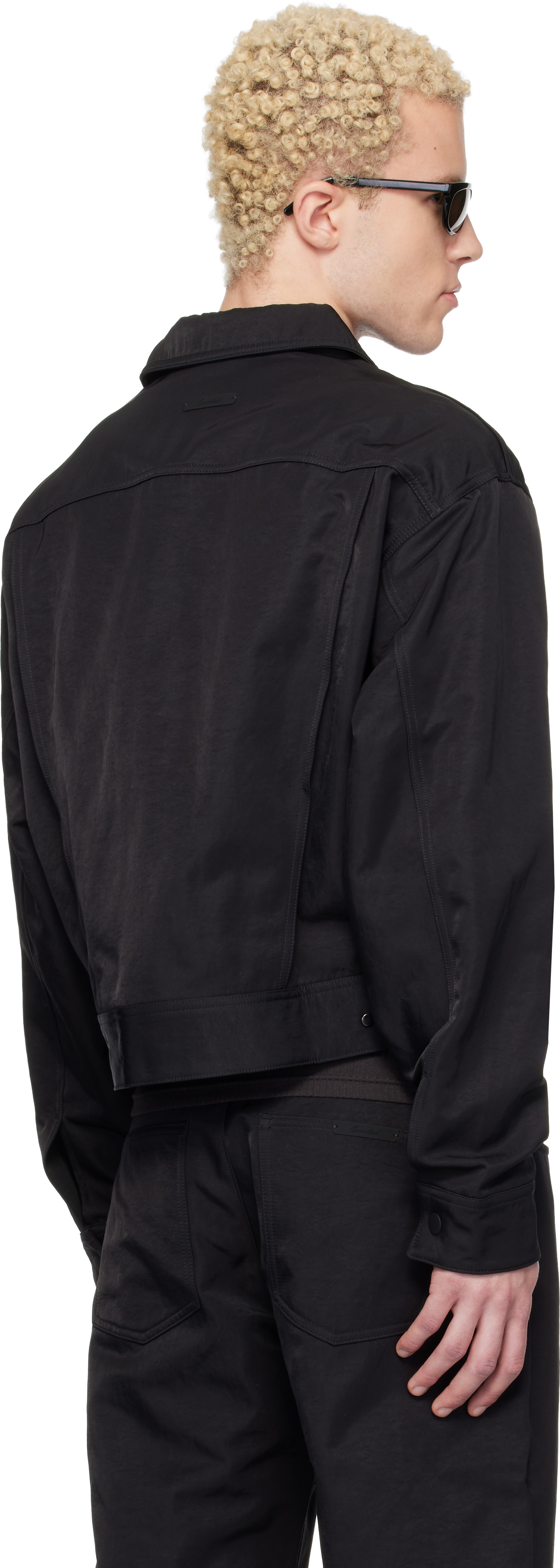 Black Textured Nylon Trucker Jacket