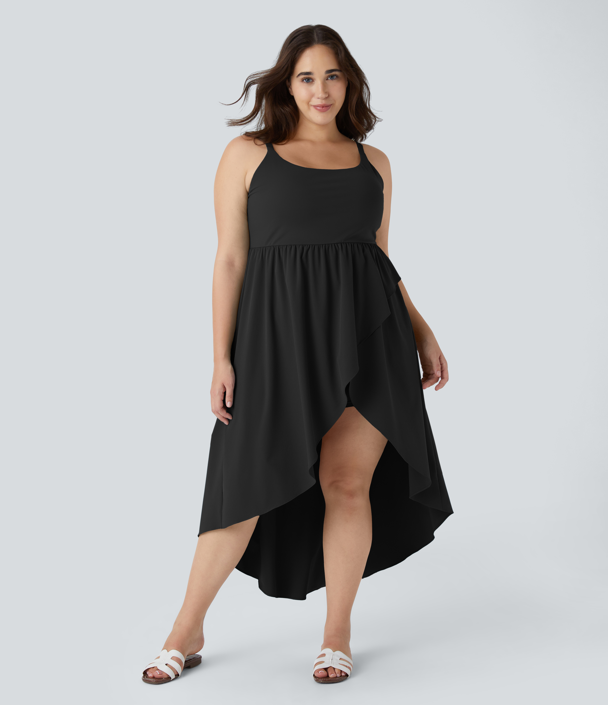 Breezeful™ Asymmetric Crossover Hem 2-Piece Pocket Flowy Midi Quick Dry Casual Plus Size Dress Casual Dress - Black