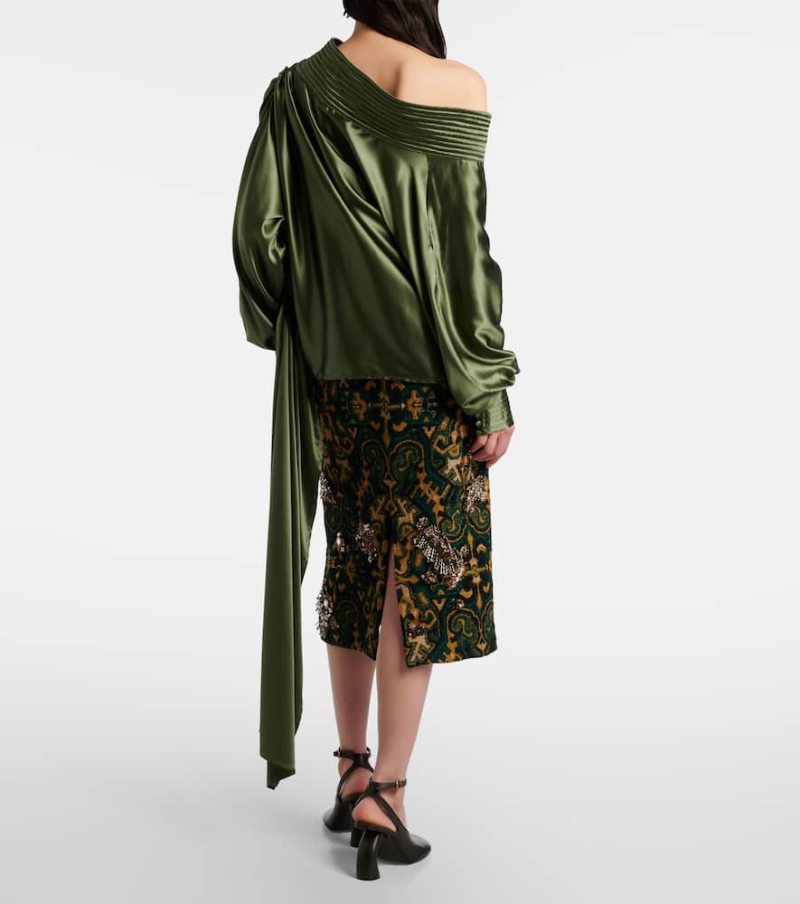 Asymmetric draped silk-blend satin top