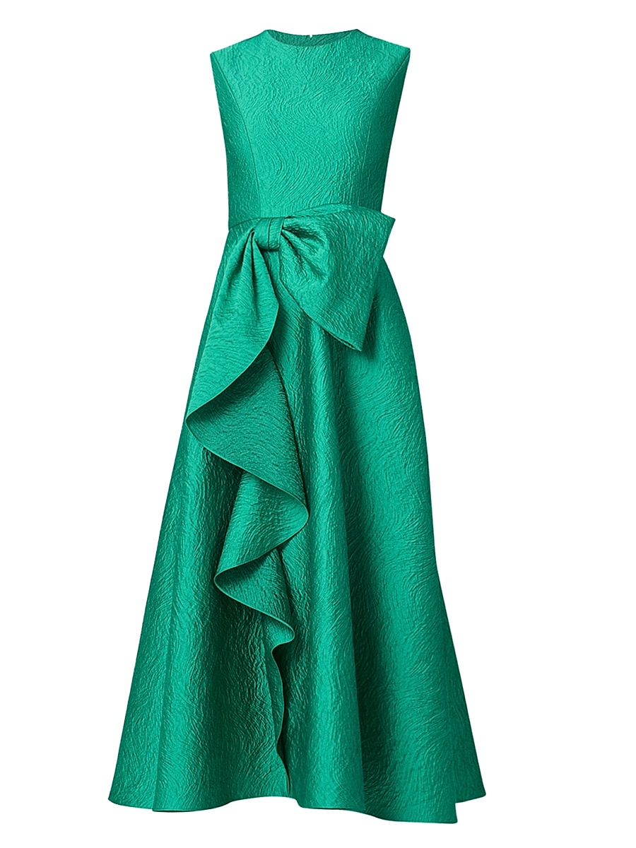 Women's Laura Bow-Appliqué Ruffled Jacquard Gown - Emerald