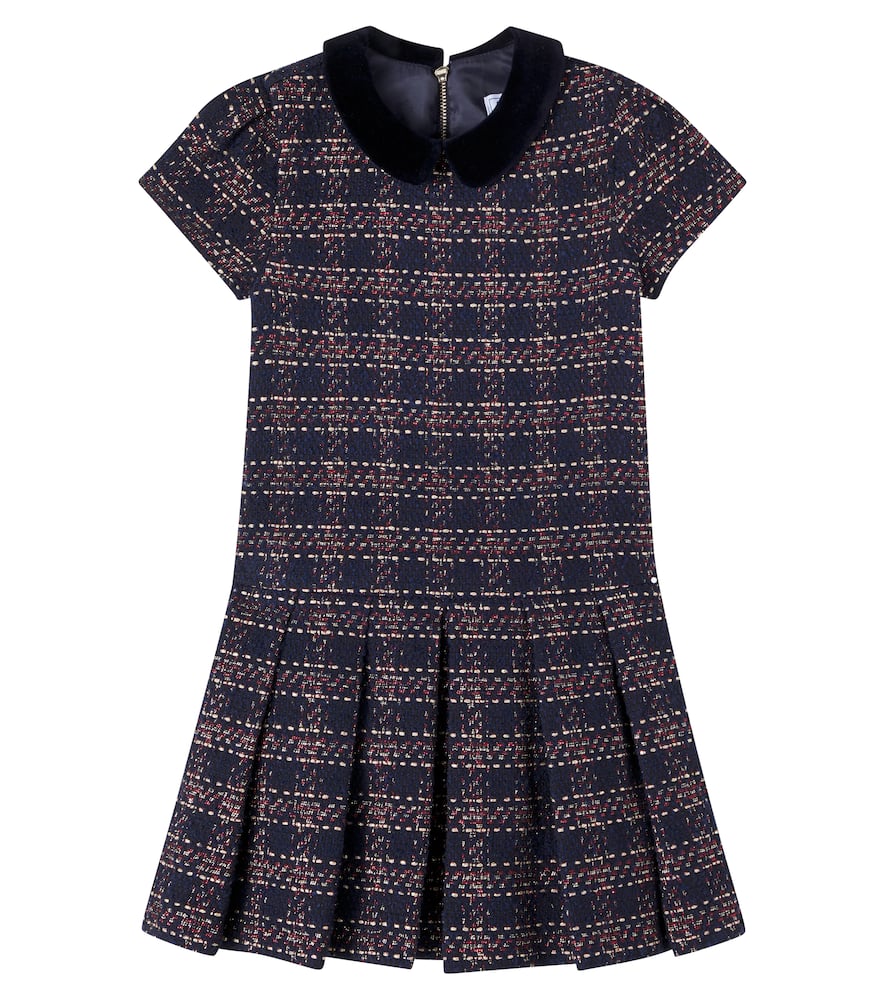 Velvet-trimmed tweed dress