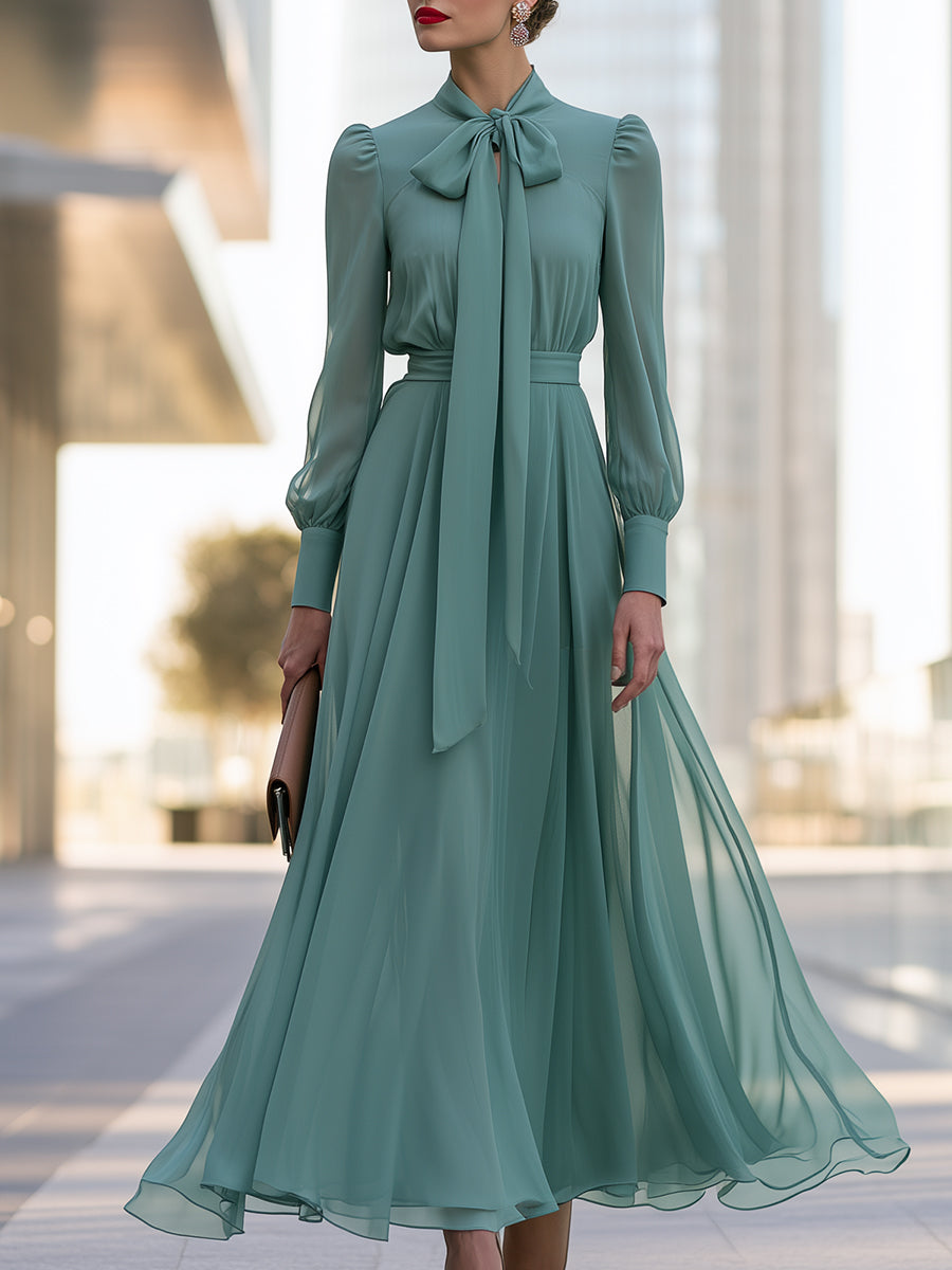 Chiffon Bow-Neck Long-Sleeve Maxi Dress - Green