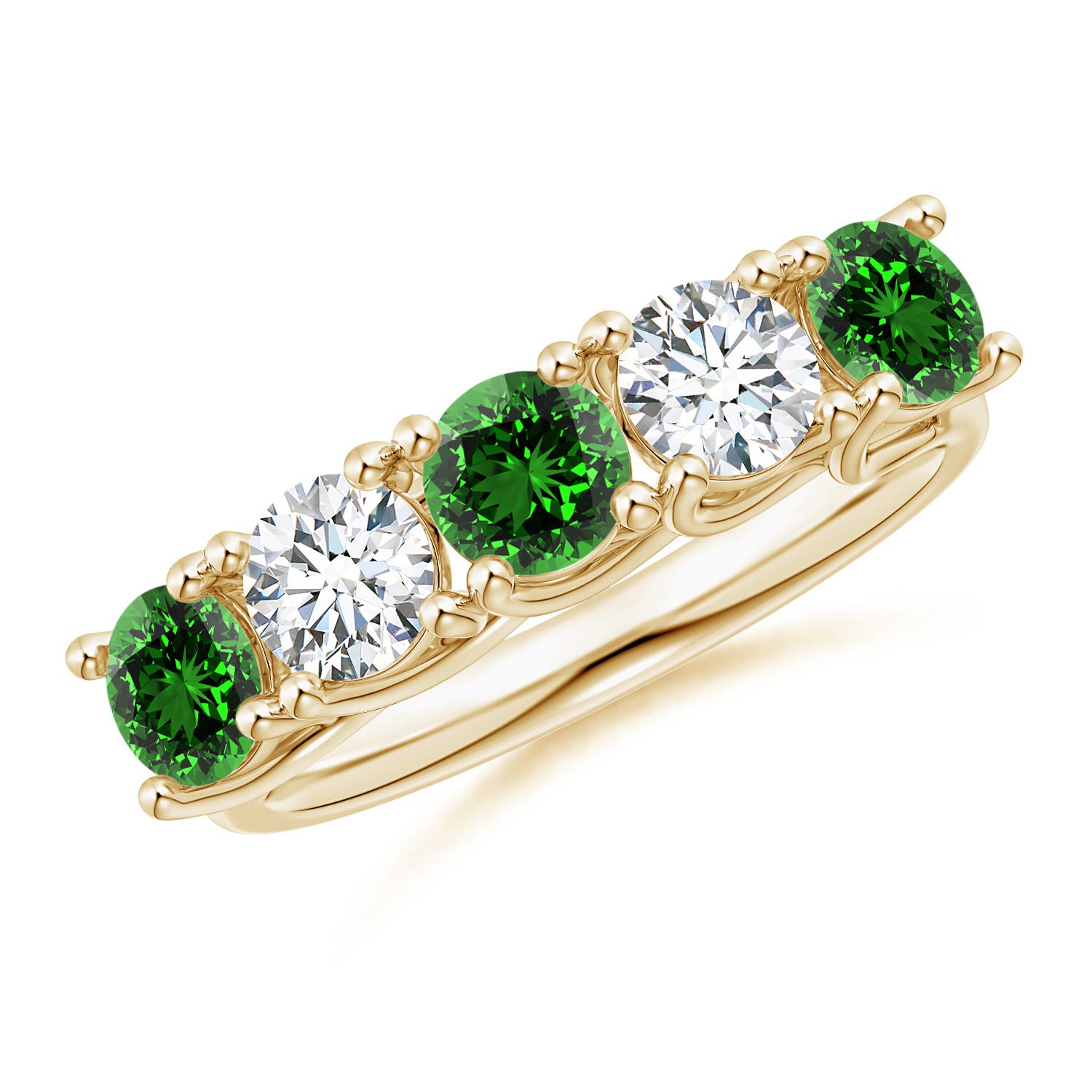 Angara 1.05 Carats Lab-Grown Half Eternity Five Stone Emerald and Lab Diamond Wedding Ring in 14K Yellow Gold