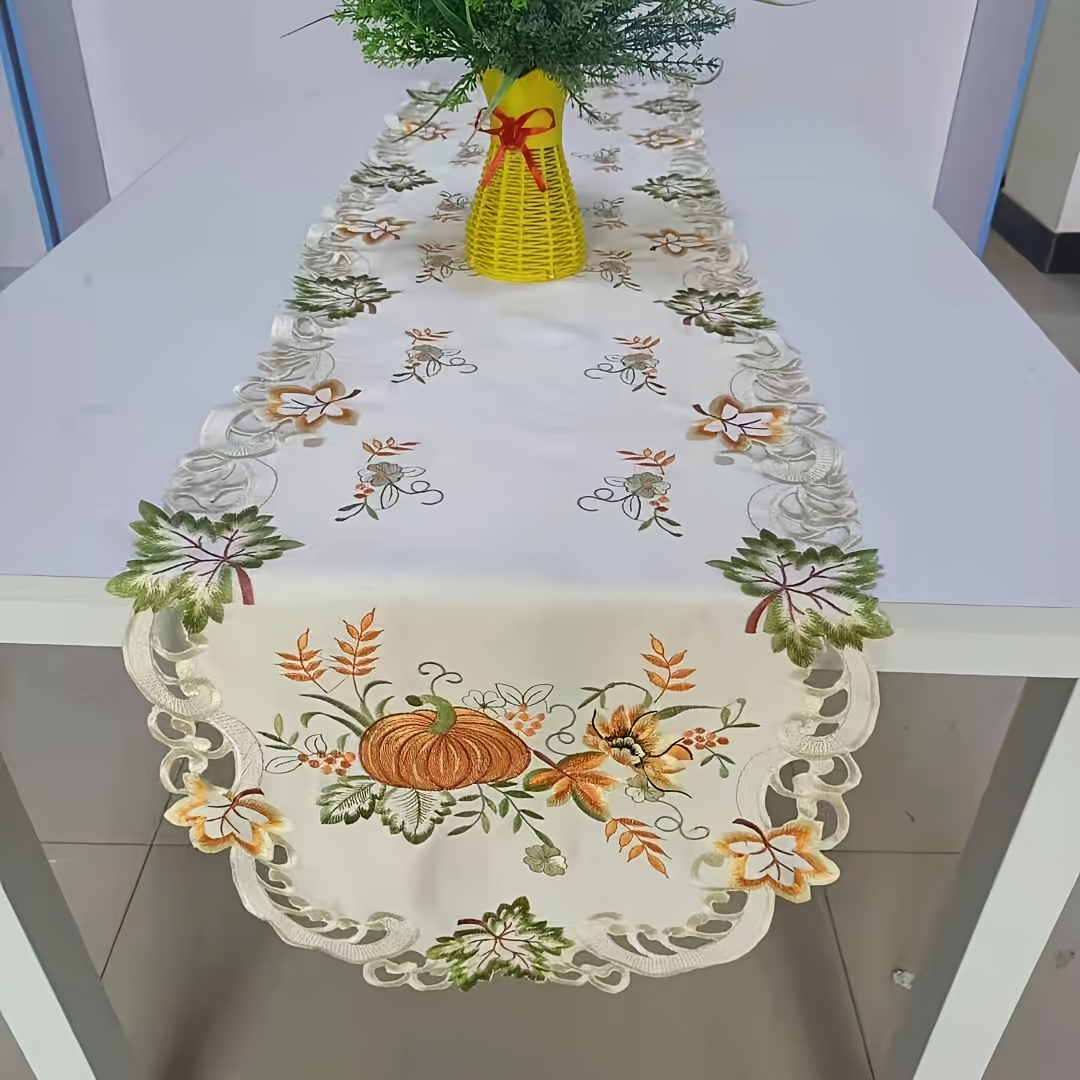 TEMU Thanksgiving Polyester Table Runners With Maple Leaf And Pumpkin Embroidery, Rectangular Woven Tablecloth With Floral Pattern And Lace , Holiday