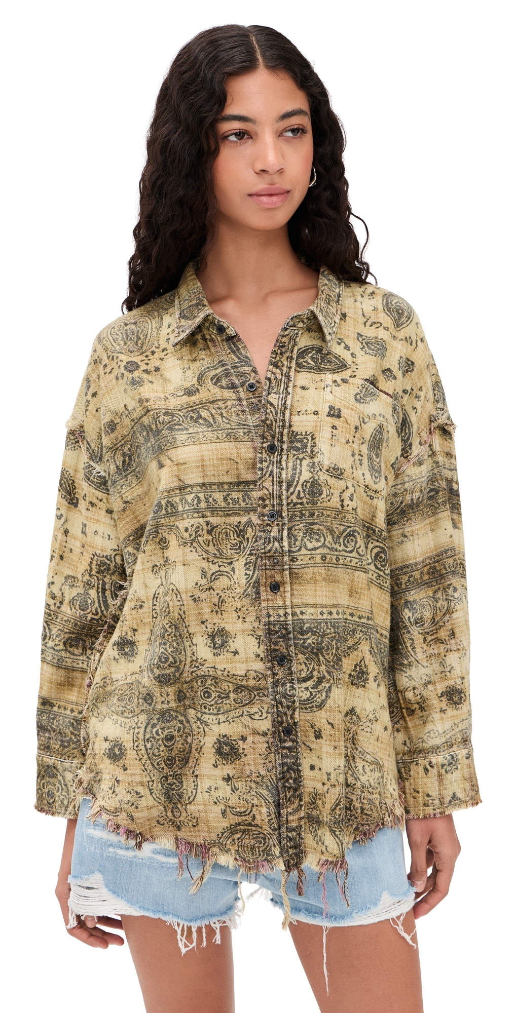 Shredded Seam Drop Neck Shirt Khaki Bandana Black Overprint