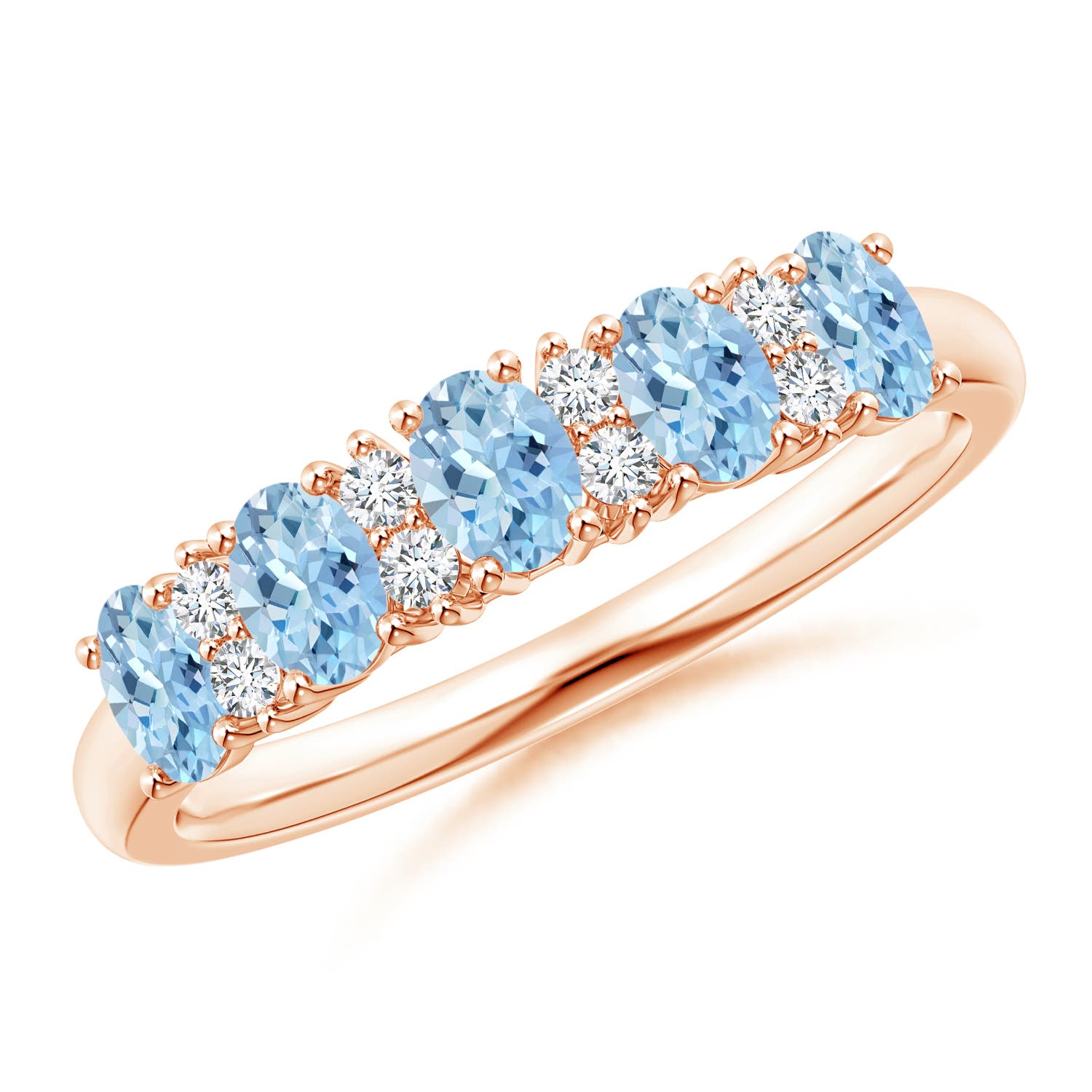 Angara 0.75 Carat Five Stone Aquamarine and Diamond Wedding Ring in 18K Rose Gold