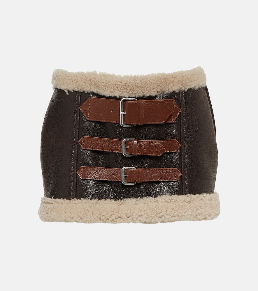 Shearling-trimmed leather miniskirt