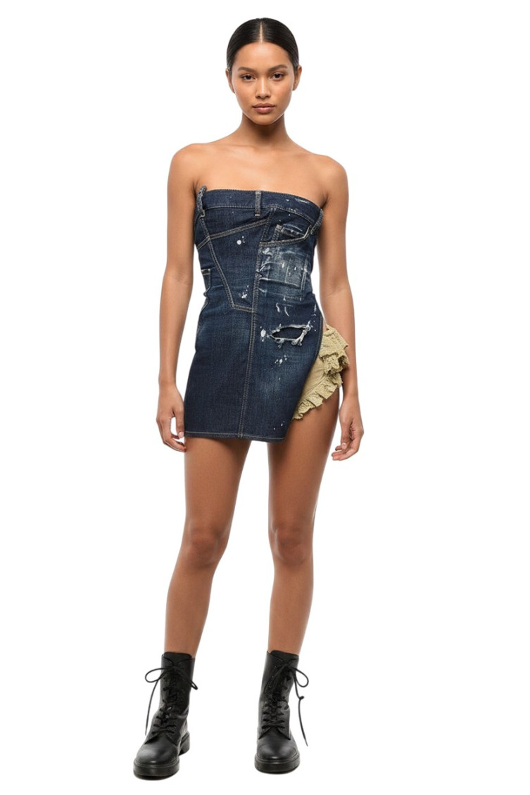 Blue Distressed Strapless Mini Dress