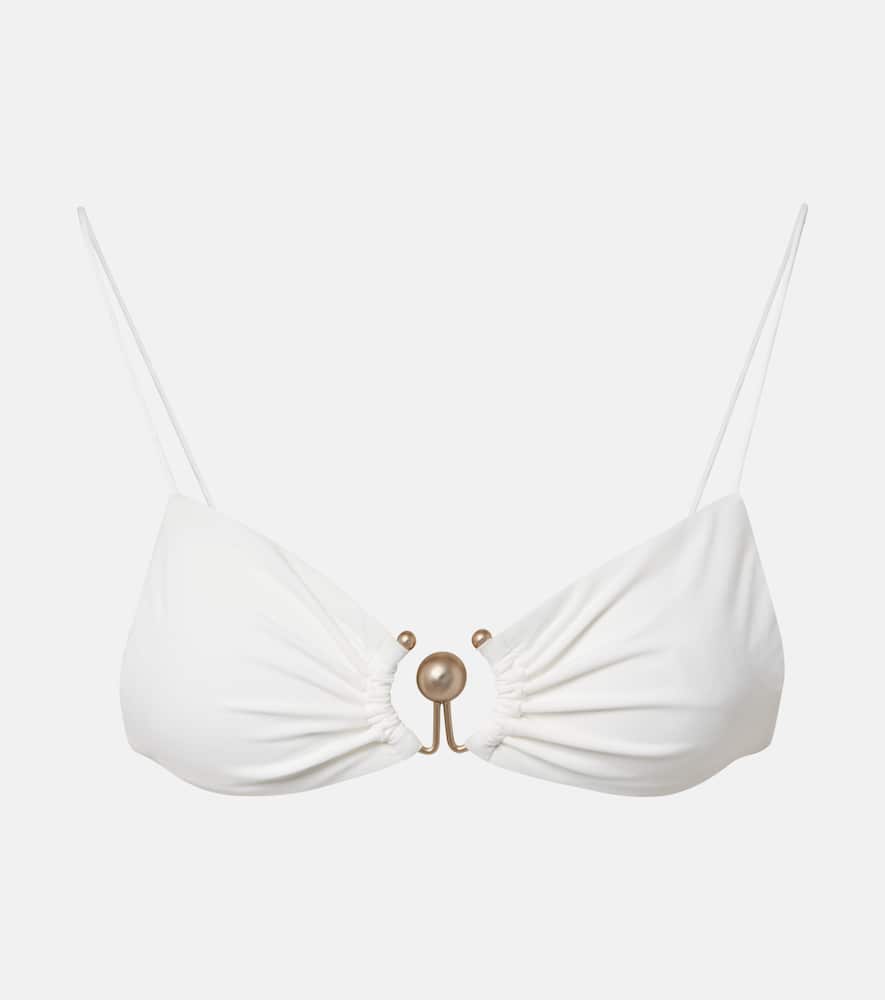 Ring-detail ruched bikini top
