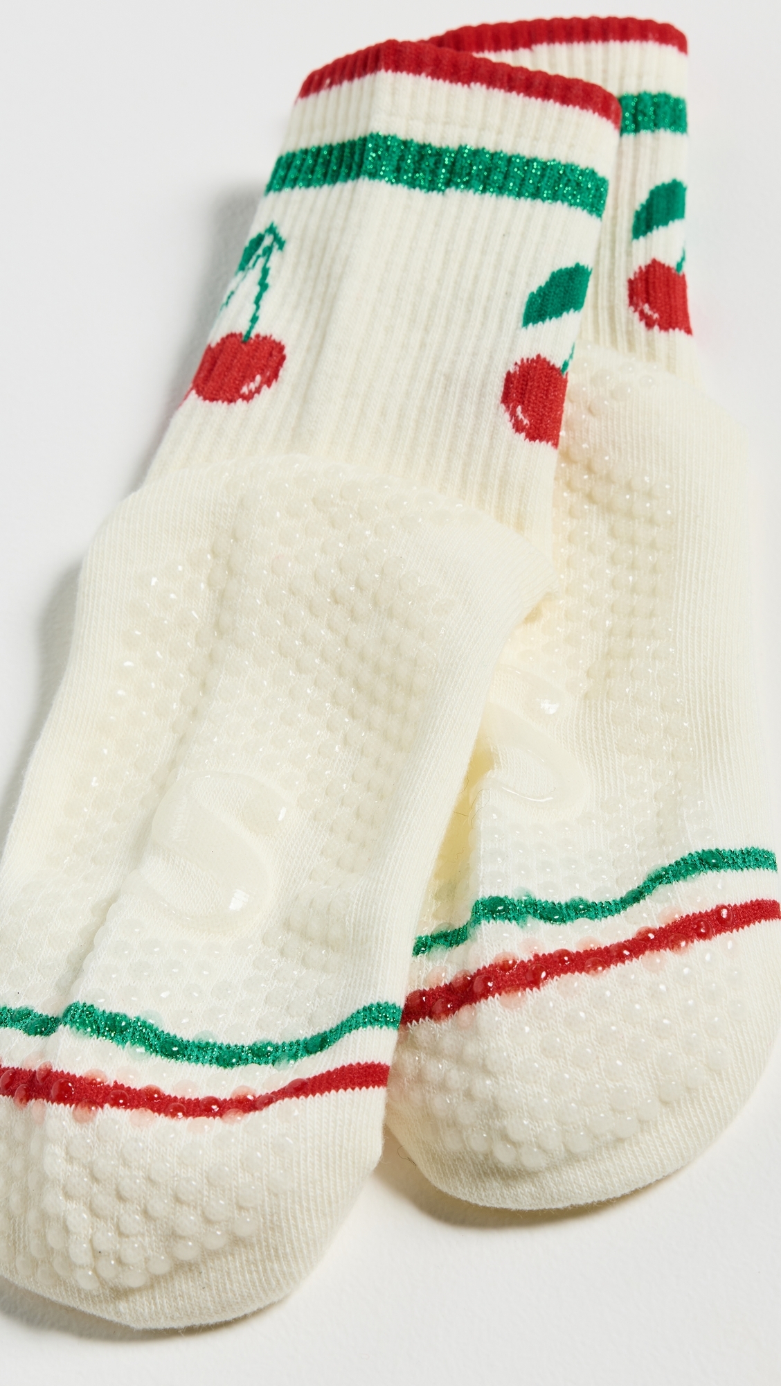 Cherry Grip Striped Crew Socks Ivory One Size