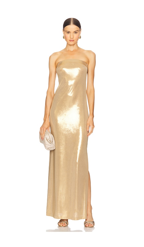 Norma Kamali Strapless Tailored Side Slit Gown in Metallic Gold. -  XS also in L, M, S